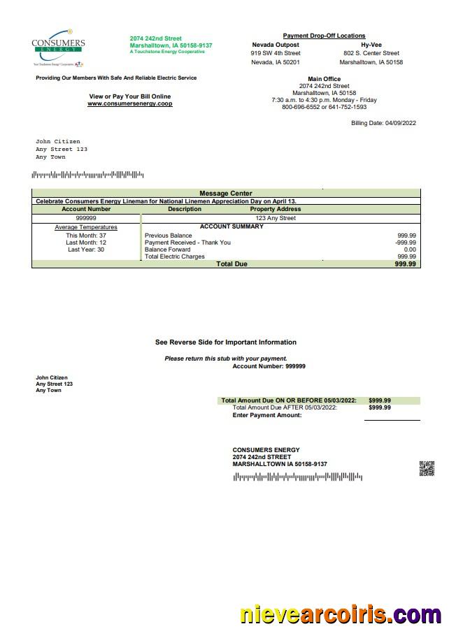 Editable USA Consumers Energy Utility Bill Template In Word And PDF Format