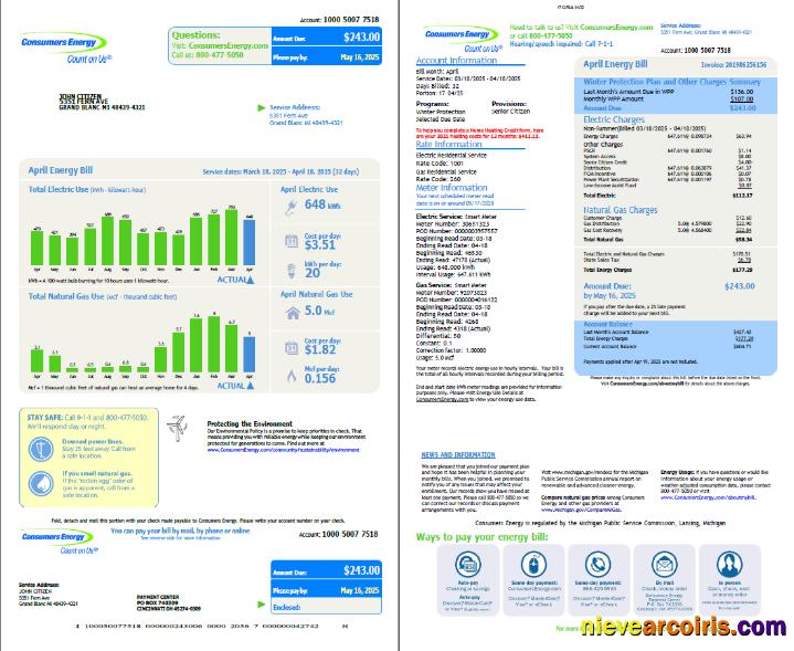 Editable USA Consumers Energy Utility Bill Template In Word And PDF Formats, 2 Pages, Vesion 2