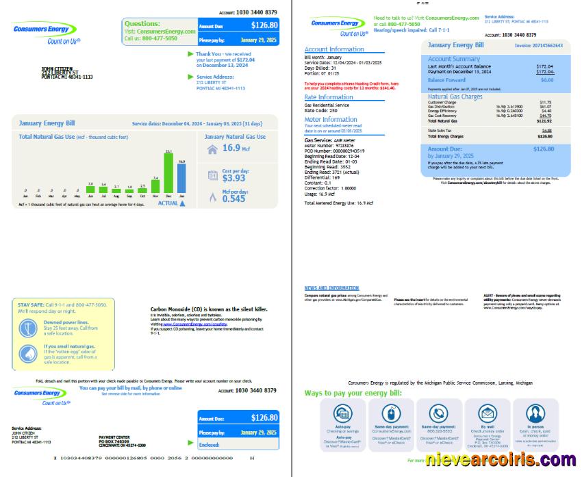 Editable USA Consumers Energy Utility Bill Template In Word And PDF Formats, 2 Pages, Vesion 3