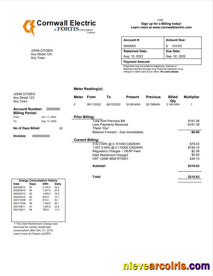 Editable USA Cornwall Electric Utility Bill Template In Word And PDF Format