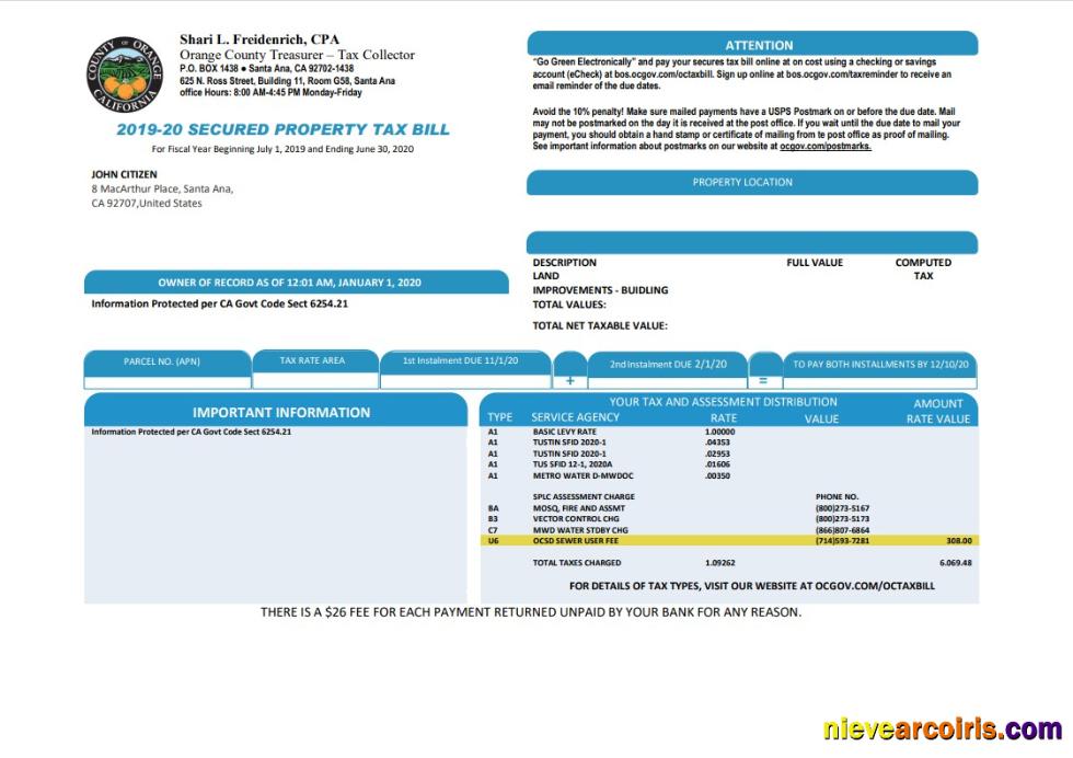 Premium USA County Of Orange California Property Tax Bill Template In Word And PDF Format
