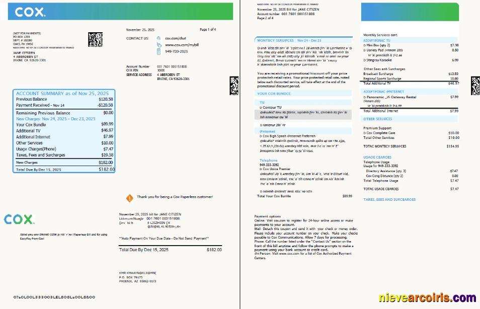 Editable USA Cox Utility Bill Template In Word And PDF Formats, 4 Pages, 1 2 Pages