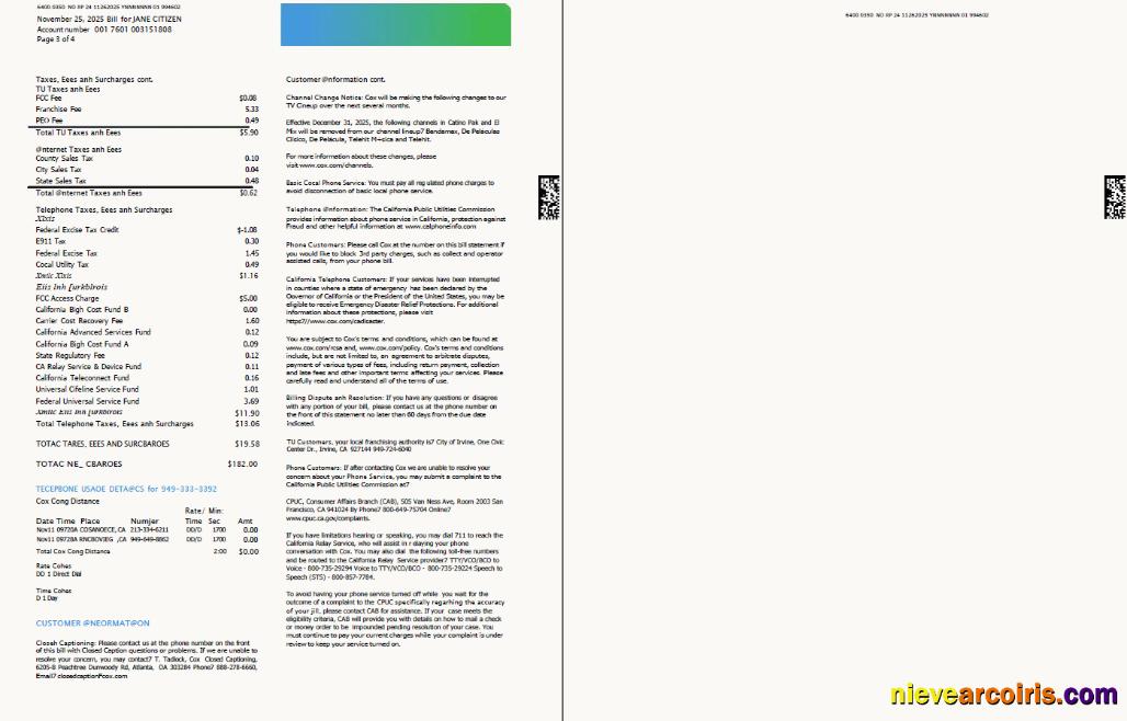 Professional USA Cox Utility Bill Template In Word And PDF Formats, 4 Pages, 3 4 Pages