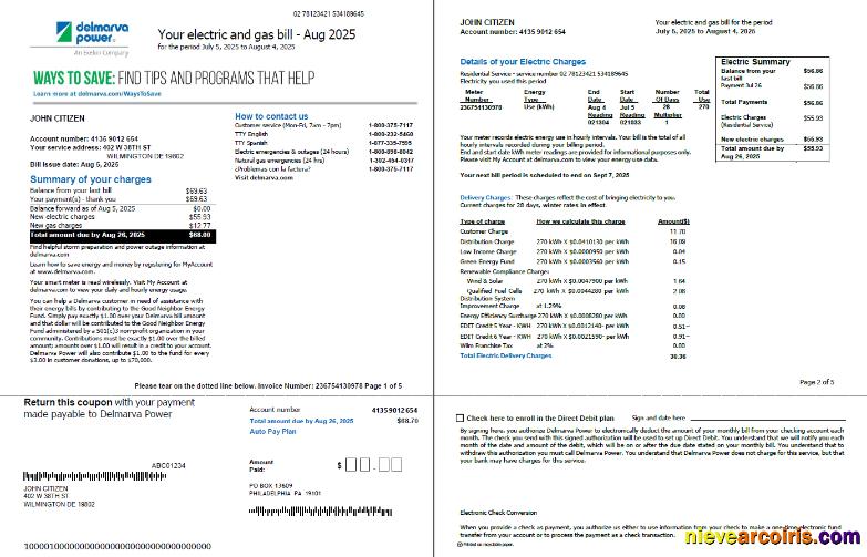 Professional USA Delmarva Power Utility Bill Template In Word And PDF Formats, 5 Pages, 1 2 Pages