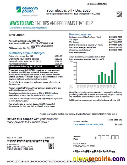 Editable USA Delmarva Power Utility Bill Template In Word And PDF Formats, Version 2