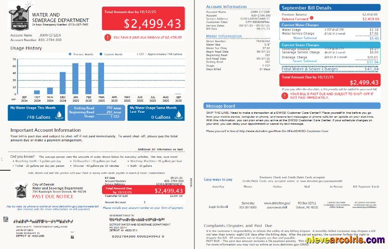 Realistic USA Detroit Water And Sewerage Department Utility Bill Template In Word And PDF Formats, 2 Pages, Version 2