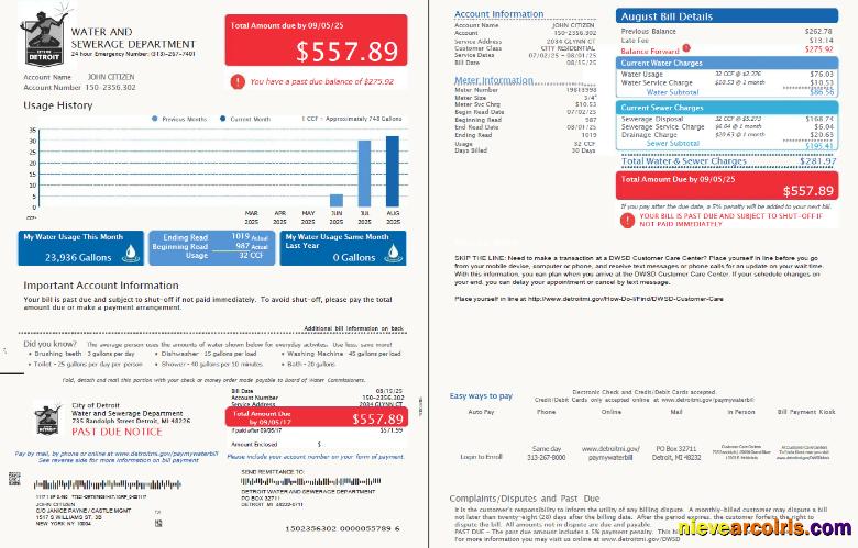 Realistic USA Detroit Water And Sewerage Department Utility Bill Template In Word And PDF Formats, 2 Pages, Version 3