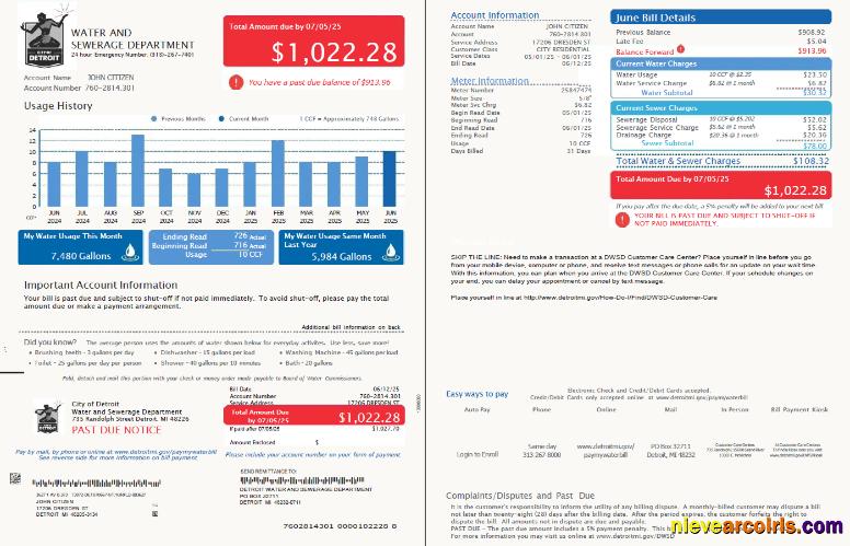 Premium USA Detroit Water And Sewerage Department Utility Bill Template In Word And PDF Formats, 2 Pages, Version 4