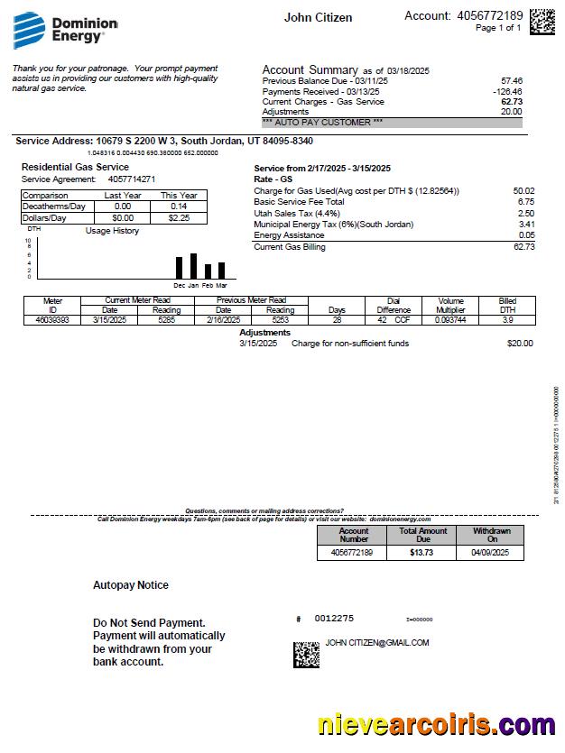 Realistic USA Dominion Energy Utility Bill Template In Word And PDF Formats, Version 3