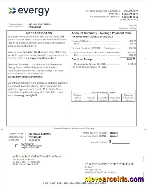 Professional USA EVERGY Utility Bill Word And PDF Template