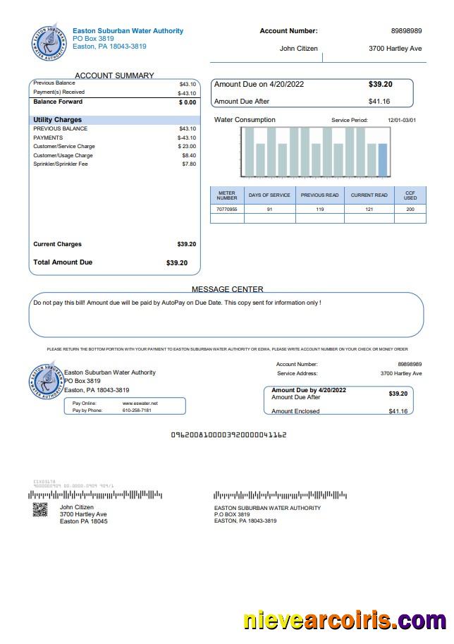 Realistic USA Eastern Suburban Water Authority Utility Bill Template In Word And PDF Format