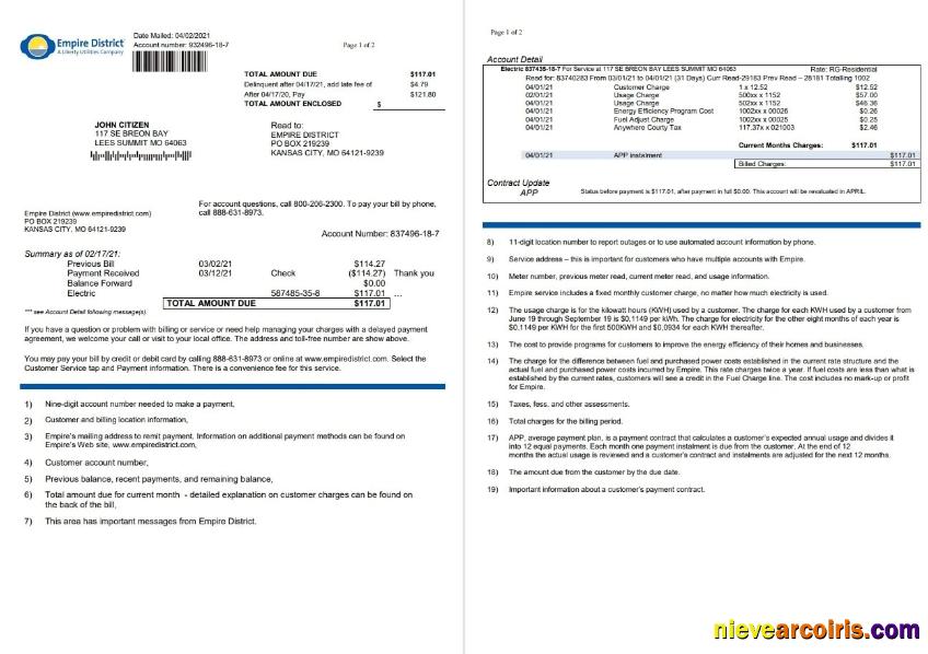 Editable USA Empire District Electric Company Utility Bill Template In Word And PDF Format (2 Pages)