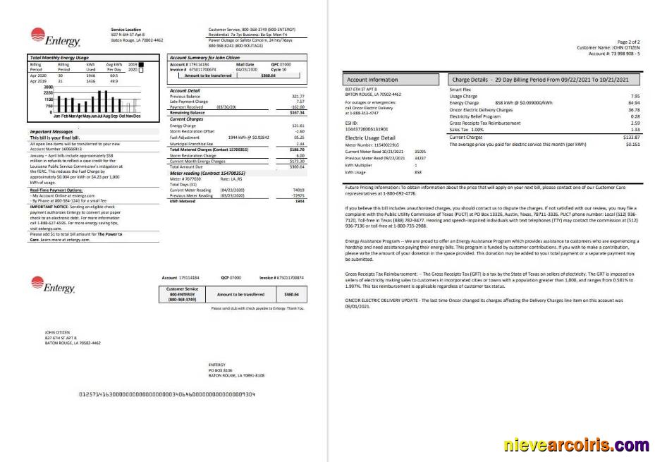 Realistic USA Entergy Electricity Utility Bill Template In Word And PDF Format (2 Pages)