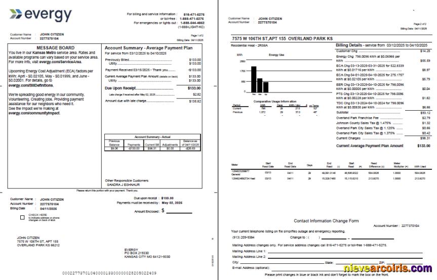 Premium USA Evergy Utility Bill Template In Word And PDF Formats, 2 Pages, Version 2