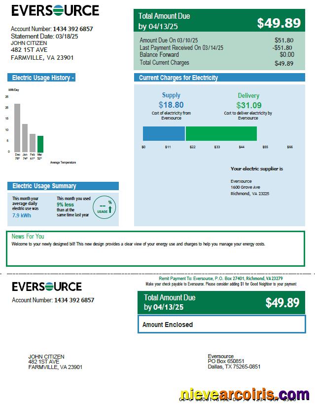 Premium USA Eversource Utility Bill Template In Word And PDF Formats, Version 2