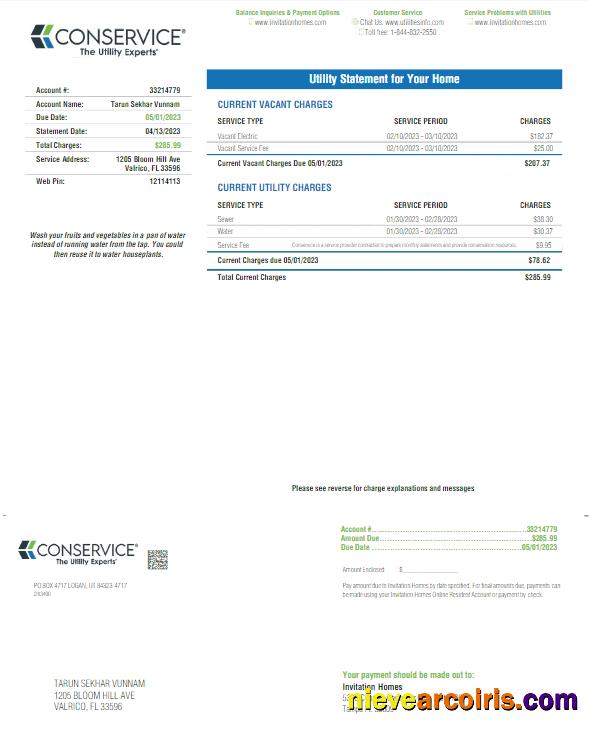 Realistic USA FLORID A CONSERVICE Utility Bill Word And PDF Template