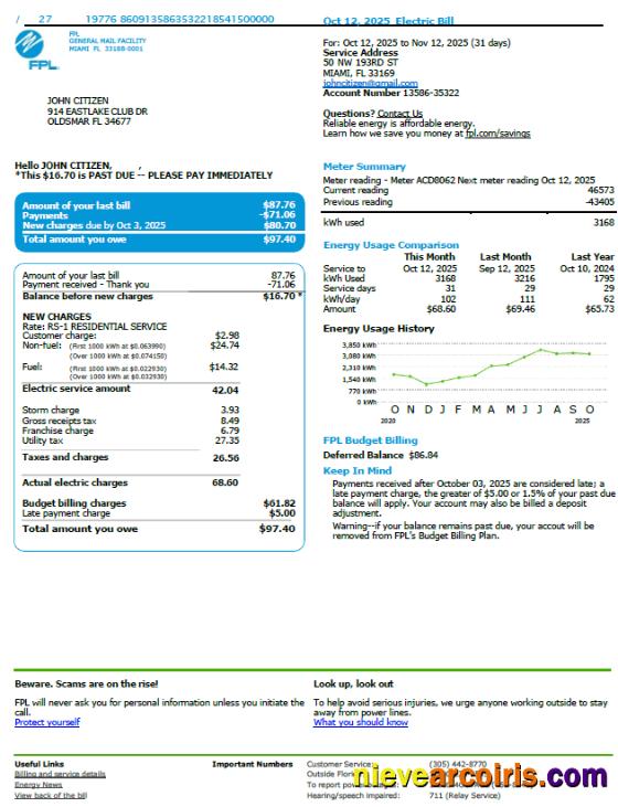Realistic USA FPL Utility Bill Template In Word And PDF Formats, Version 3