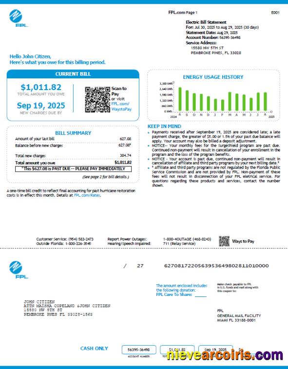 Premium USA FPL Utility Bill Template In Word And PDF Formats, Version 4