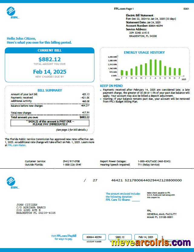 Realistic USA FPL Utility Bill Template In Word And PDF Formats, Version 5