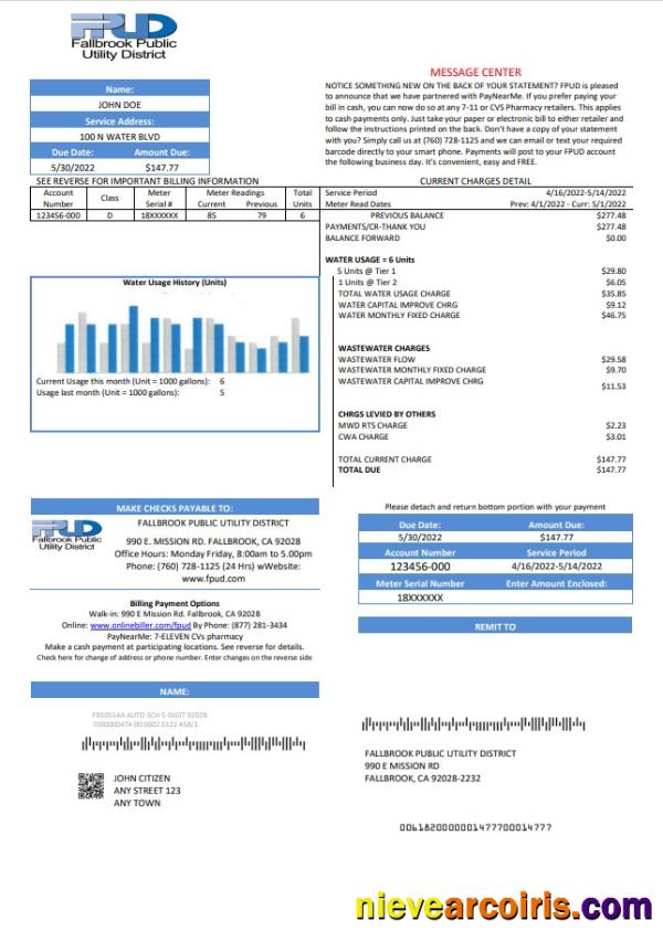 Professional USA Fallbrook Public Utility Bill Template In Word And PDF Format