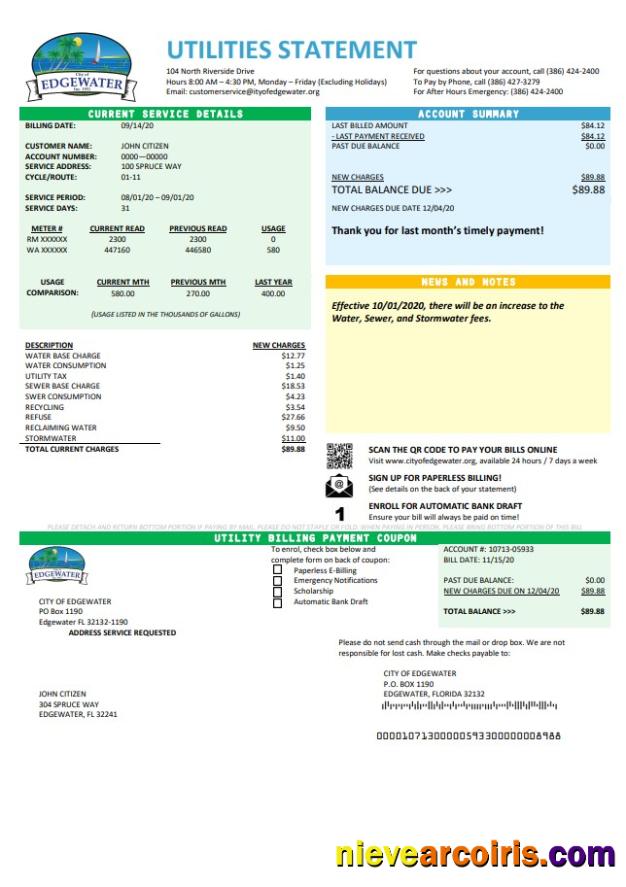 Editable USA Florida City Of Edgewater Utility Bill Template In Word And PDF Format