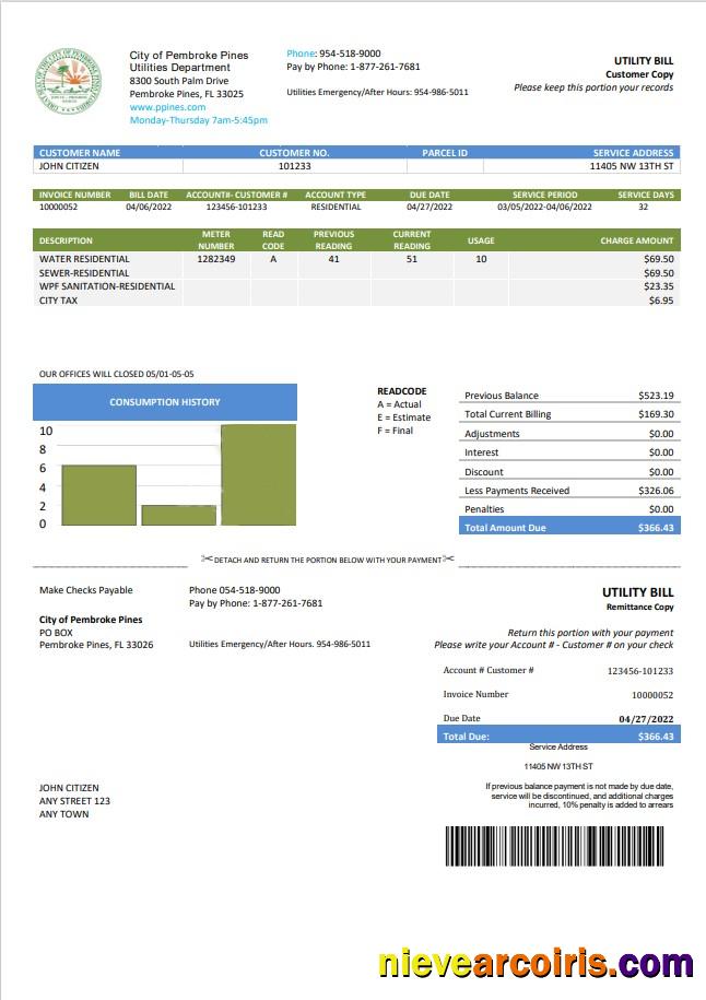 Premium USA Florida City Of Pembroke Pines Utilities Department Utility Bill Template In Word And PDF Format
