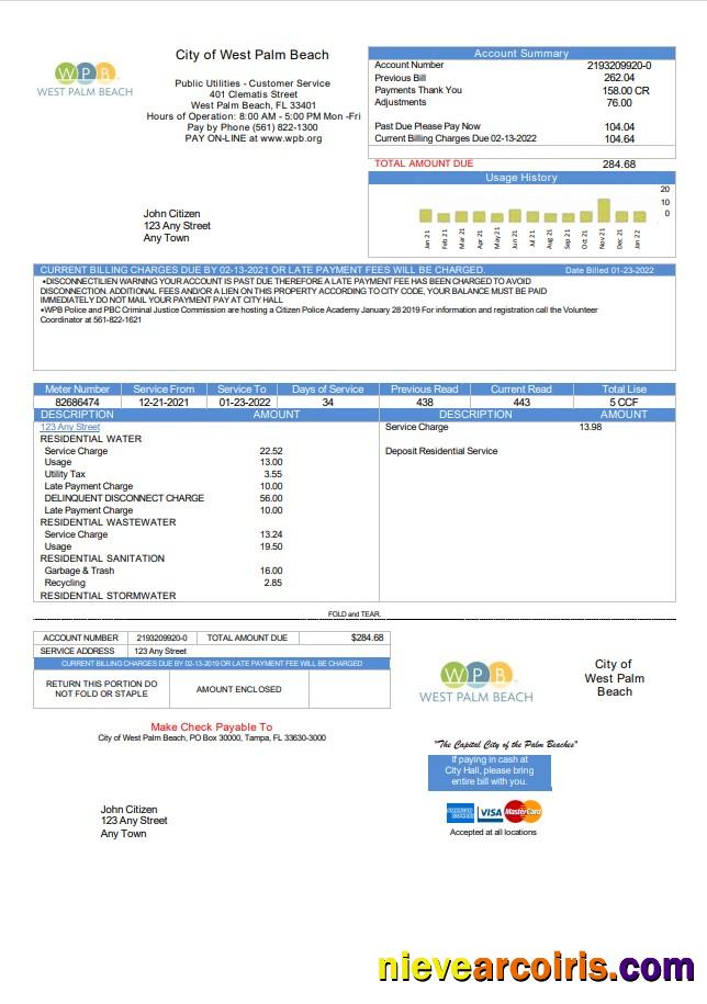 Realistic USA Florida City Of West Palm Beach Utility Bill Template In Word And PDF Format