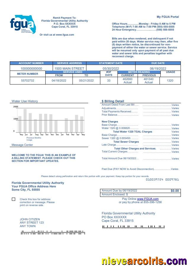 Premium USA Florida FGUA Utility Bill Template In Word And PDF Format