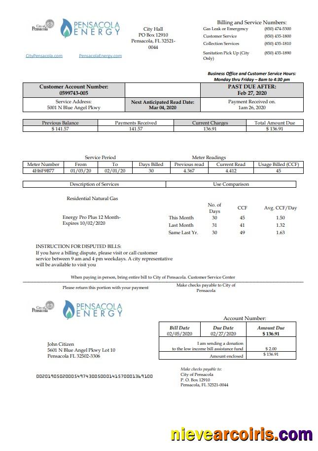 Premium USA Florida Pensacola Energy Utility Bill Template In Word And PDF Format