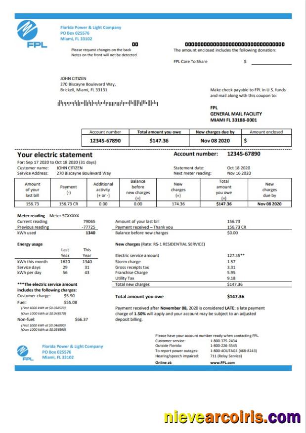 Realistic USA Florida Power & Light Company (FPL) Electricity Utility Bill Template In Word And PDF Format