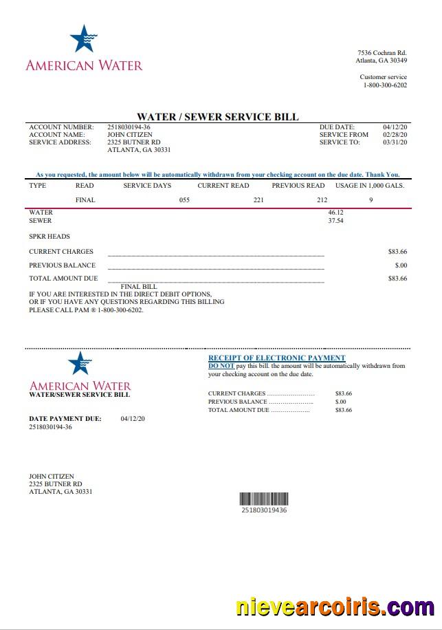 Realistic USA Georgia American Water Utility Bill Template In Word And PDF Format