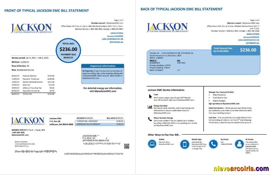 Editable USA Georgia JACKSON EMC Utility Bill Template In Word And PDF Format (2 Pages)