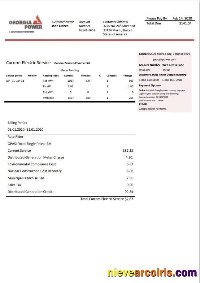 Professional USA Georgia Power Utility Bill Template In Word And PDF Format, Fully Editable