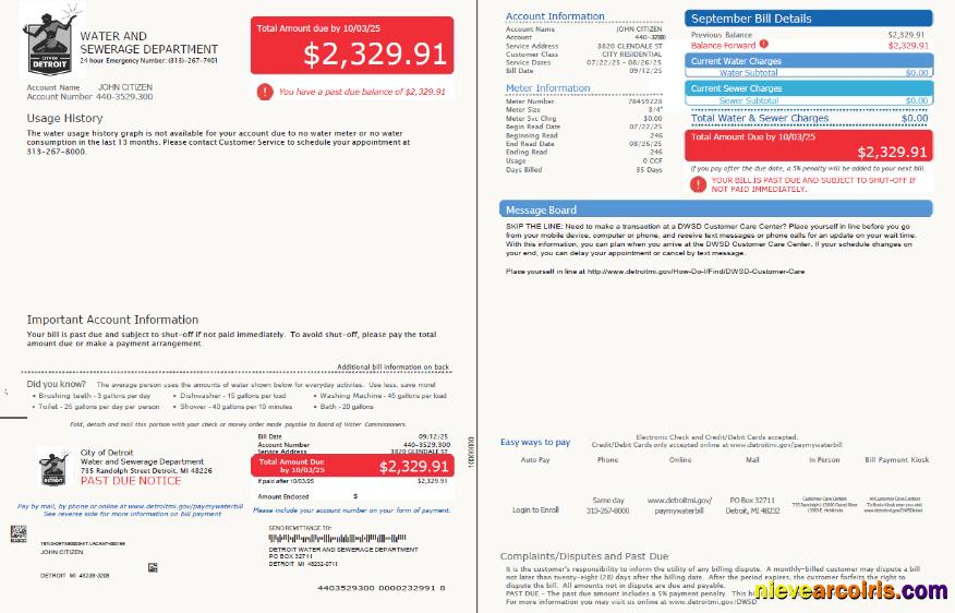 Editable USA Glendale Water And Sewerage Department Utility Bill Template In Word And PDF Formats, 2 Pages