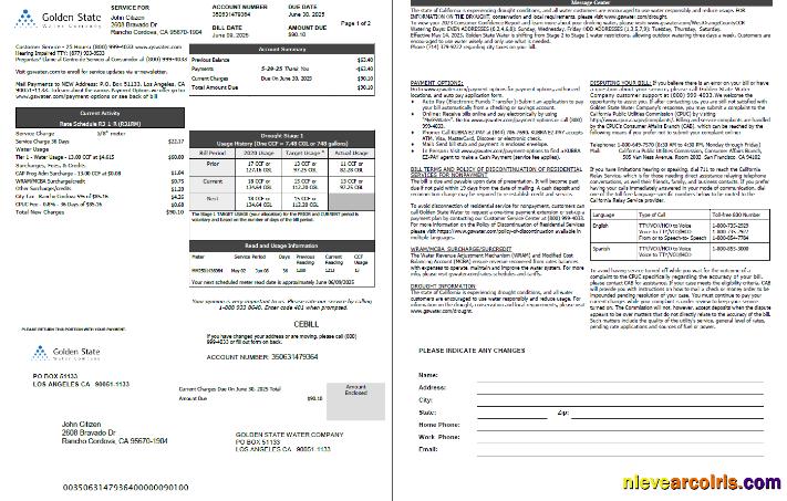 Premium USA Golden State Water Company Utility Bill Template In Word And PDF Formats, 2 Pages