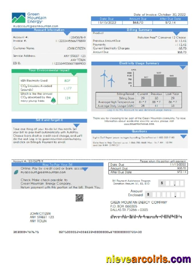 Premium USA Green Mountain Energy Utility Bill Template In Word And PDF Format