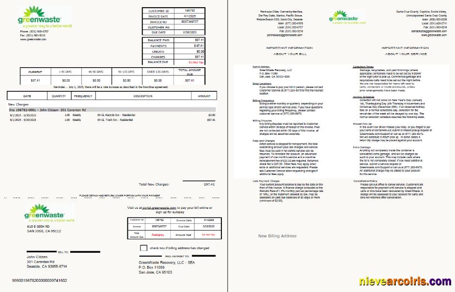 Realistic USA Green Waste Utility Bill Template In Word And PDF Formats, 2 Pages