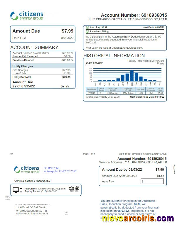 Realistic USA INDIANAPOLIS CITIZENS ENERGY GROUP Utility Bill Word And PDF Template