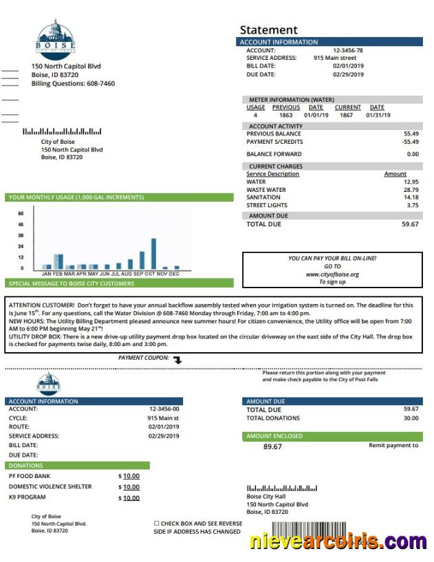 Realistic USA Idaho Boise City Of Trees Water Utility Bill Template In Word And PDF Format