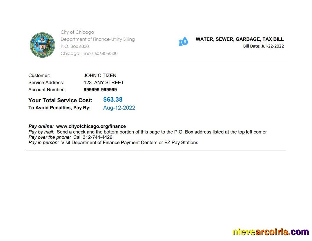 Realistic USA Illinois Chicago Water, Sewer, Garbage, Tax Bill Word And PDF Template