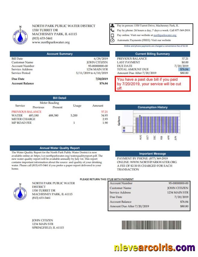Realistic USA Illinois North Park Public Water District IL Utility Bill Template In Word And PDF Format