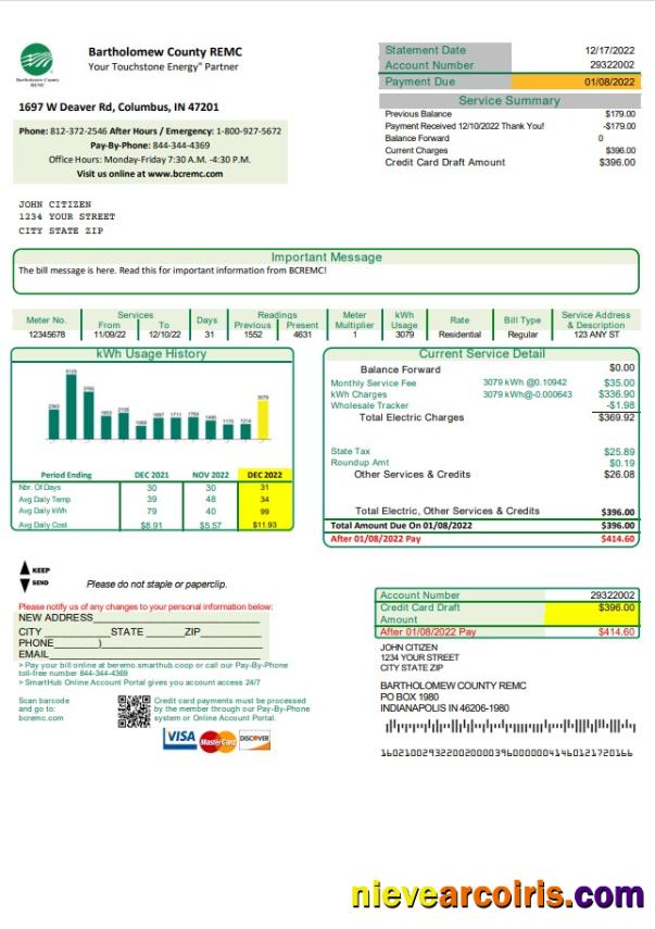 Premium USA Indiana Bartholomew County REMC Utility Bill Template In Word And PDF Format