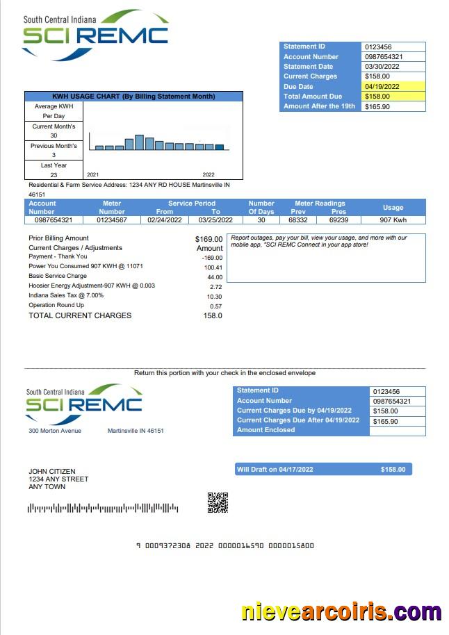 Professional USA Indiana SCI REMC Utility Bill Template In Word And PDF Format