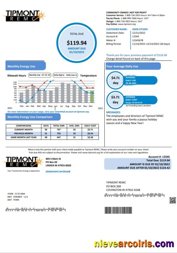Premium USA Indiana Tipmont Utility Bill Template In Word And PDF Format