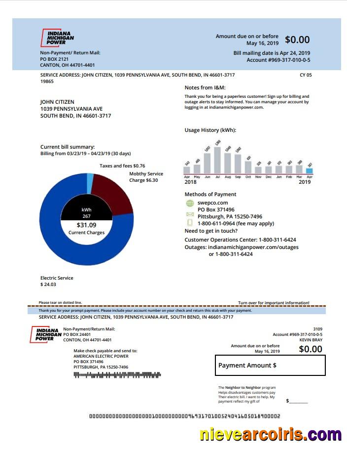 Realistic USA Indiana Electricity Utility Bill Template In Word And PDF Format (.doc And .pdf)