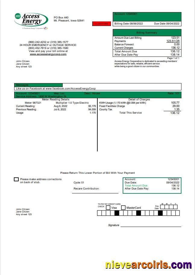 Editable USA Iowa Access Energy Cooperative Utility Bill Template In Word And PDF Format