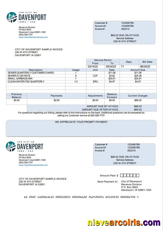 Realistic USA Iowa City Of Davenport Utility Bill Template In Word And PDF Format