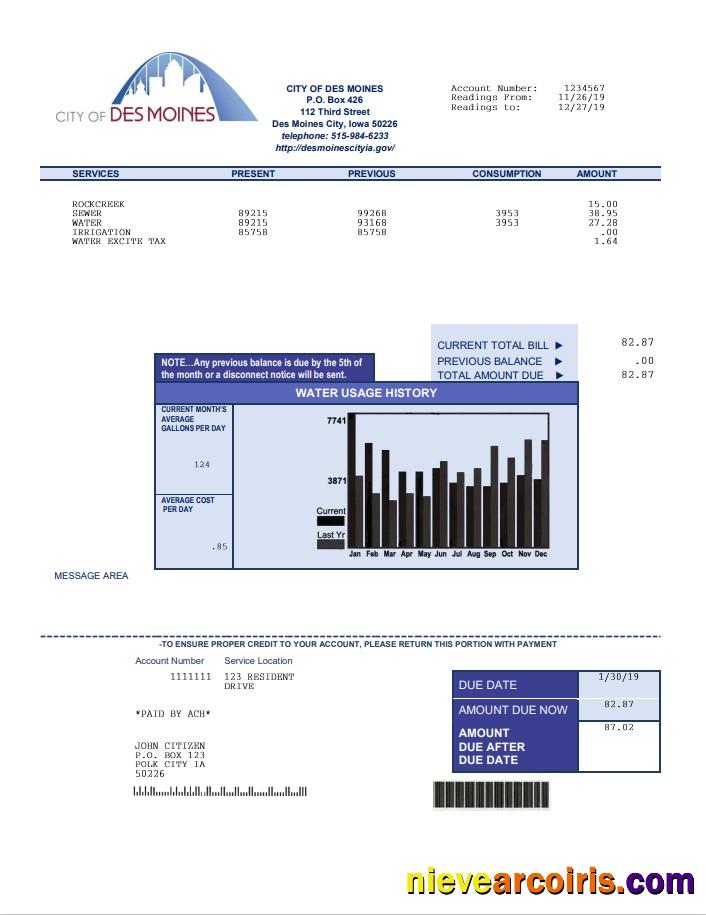 Premium USA Iowa City Of Des Moines Water Utility Bill Template In Word And PDF Format