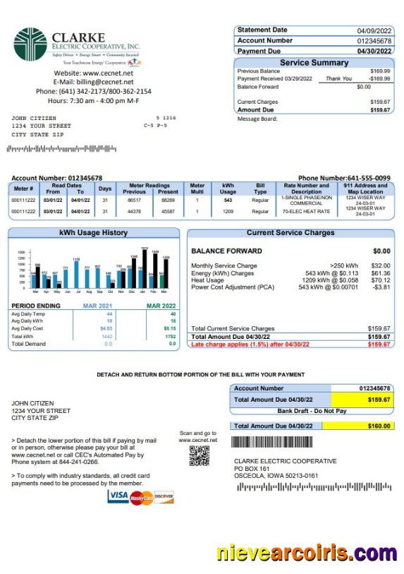 Editable USA Iowa Clarke Electric Cooperative, Inc Utility Bill Template In Word And PDF Format