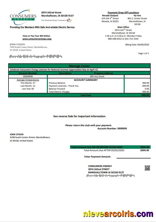 Editable USA Iowa Consumers Energy Utility Bill Template In Word And PDF Format